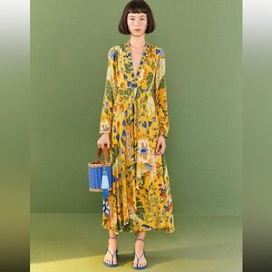 NWT originally $220 Farm Rio Long Sleeve Summer Garden Yellow Maxi Dress XL